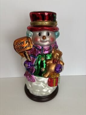 Thomas Pacconi Classics Blown Glass Christmas Snowman Wood Base 16”